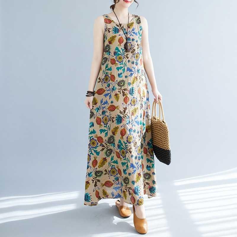 Long Skirt Summer New Sleeveless Round Neck Printed Mid Length Dress