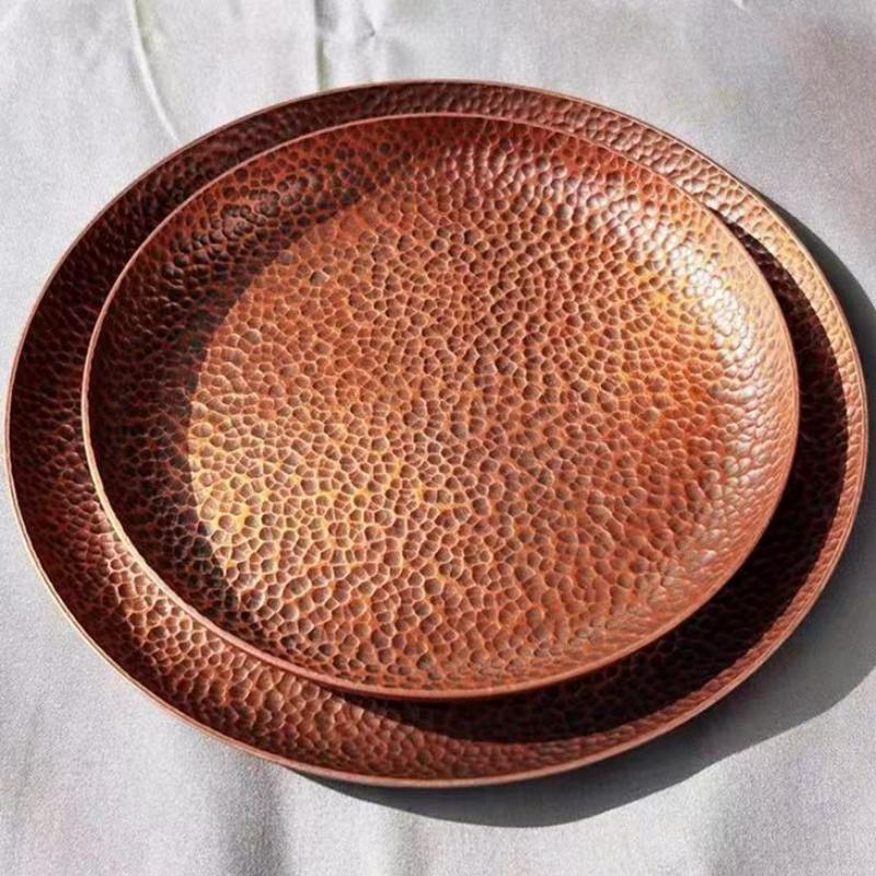 Round Shape Red Copper Cheese Tray,Retro Engraving Hammer Texture Home Portable Food Plate,Snack Fruit Disc Table Decorationk