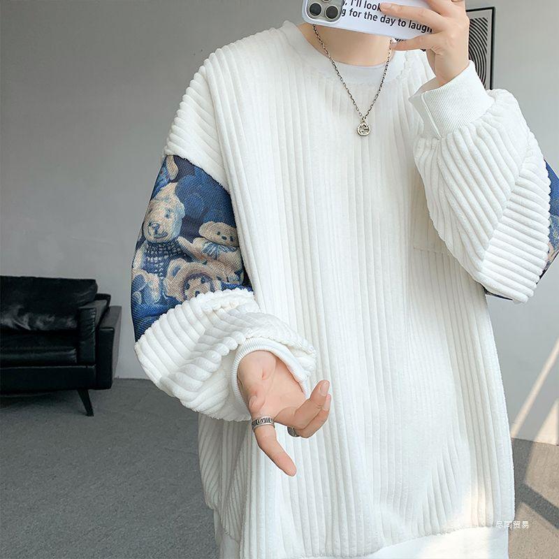 Men's White Corduroy Hoodie with Little Bear Embroidery, Heavyweight Plus Velvet, New Chinese Style, Thickened for Autumn/Winter.