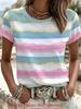 Color Striped Short-sleeved T-shirt, Women's Crew Neck Loose Top, Summer Printed Casual Fashion Women's Clothing