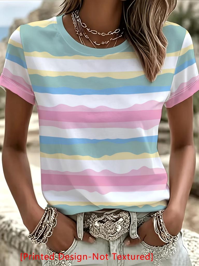 Color Striped Short-sleeved T-shirt, Women's Crew Neck Loose Top, Summer Printed Casual Fashion Women's Clothing