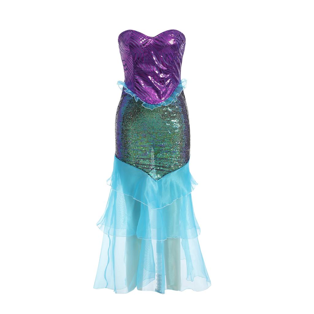 Women's Mermaid Party Costume, Strapless Tube Tops Ruffle Sequin Long Tail Cosplay Fancy Dress