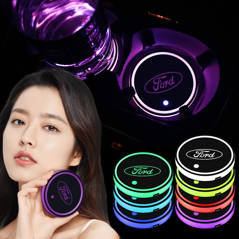 BAYR8 1/2PCS 7 Colors LED Car Cup Holder Lights Luminous Coaster Water Cup Pad For Ford Escape Kuga Mondeo Ecosport Fiesta Focus 2 MK1