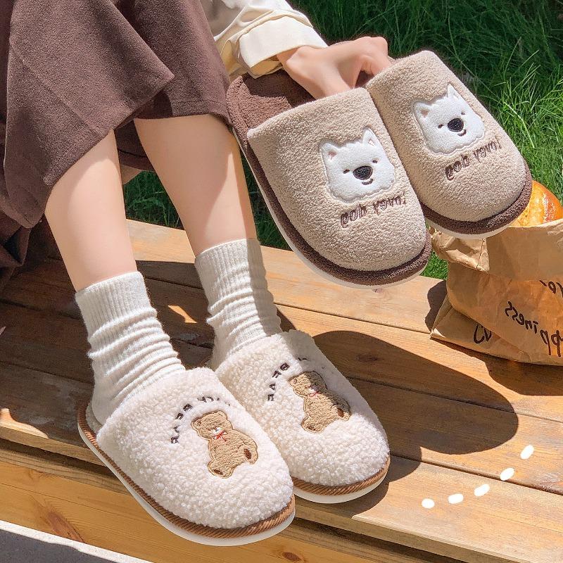 Cute Cartoon Cotton Slippers Men's Autumn and Winter Indoor Home Velvet Warm New Couple Fluffy Slippers