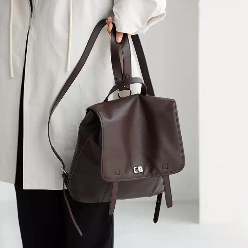 First layer cowhide backpack women's niche retro premium texture leather commuter large capacity laptop backpack