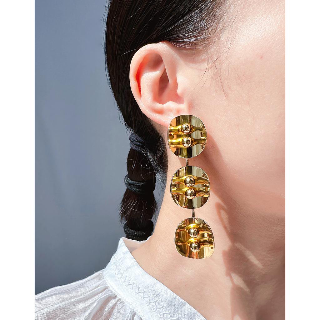 Copper Plated 24K Real Gold Style Geometric Round Brand Small Gold Beads Exaggerated Long Earrings Women'S Earrings 240