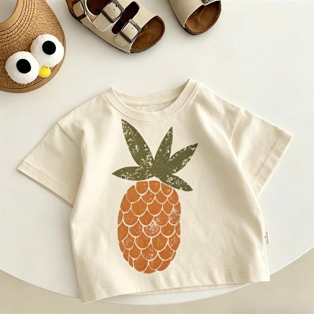 Cute Tees Children Solid Color TShirt Loose Casual Summer Clothes Round Neck Pullovers For Kids Pineapple Moon Printed TShirt