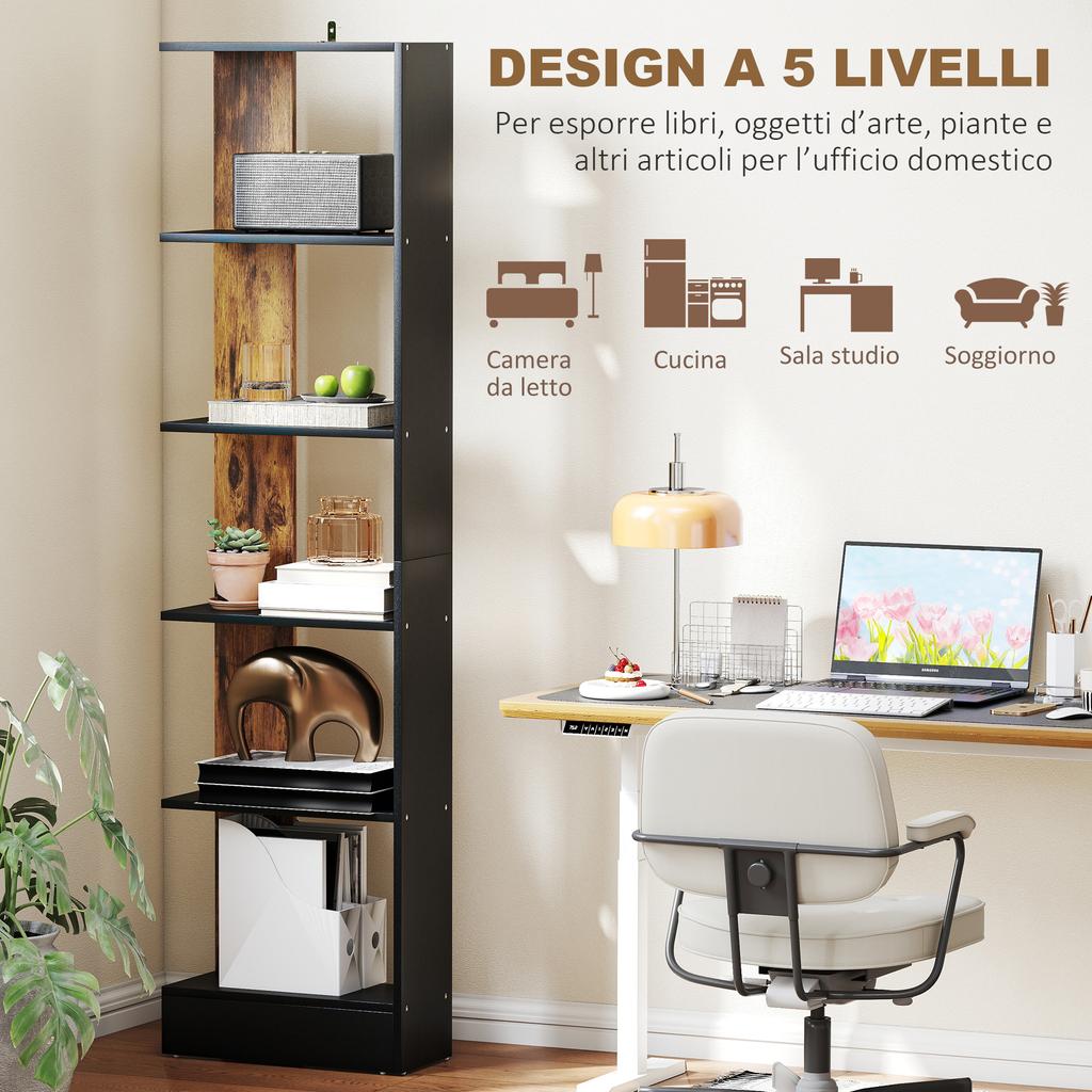 Modern Space-Saving 5-Shelf Bookcase in Wood 45x21x170 cm, Brown and Black