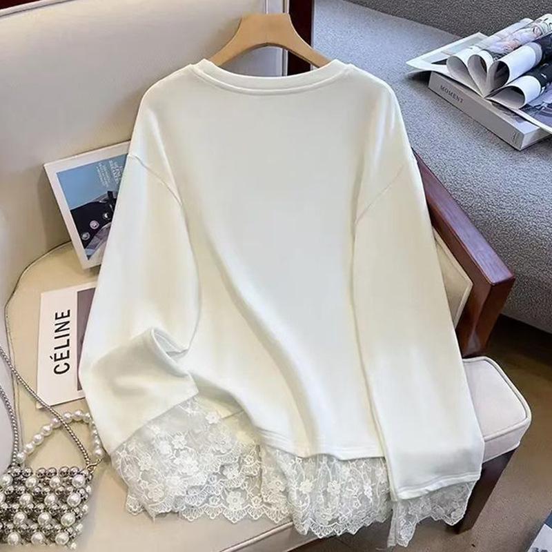 Weißes Spitzen-Patchwork-Langarm-T-Shirt für Damen, Stilvolle Plus-Size Herbst-/Winter-Unterwäsche