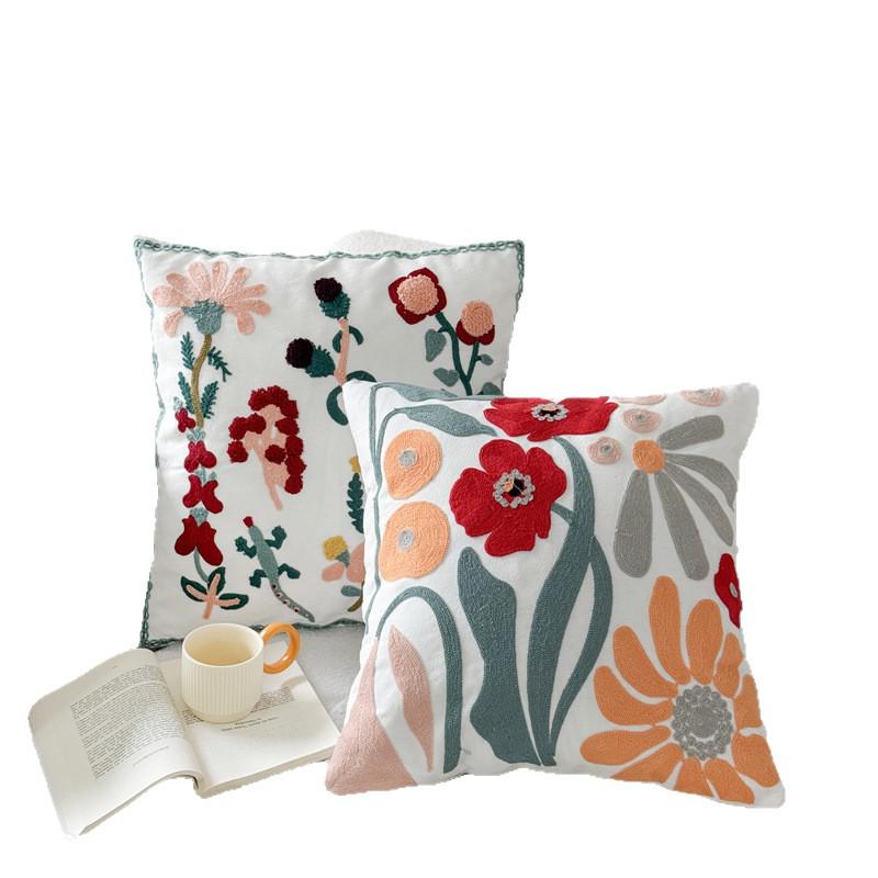 American Pastoral Floral Embroidery Canvas Cushion Cover - Cotton & Linen