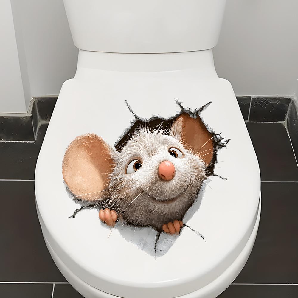 3D Maus durch die Wand brechend Toilettenaufkleber, Selbstklebend Abnehmbar Lustige Badezimmerdekoration für Toilettensitz Wanddekoration