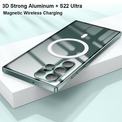 Magnetische Draadloos Opladen Case Voor Samsung Galaxy S22 Ultra S23 S21 Plus S20 FE Metalen Bumper Aluminium Transparant Telefoon cover