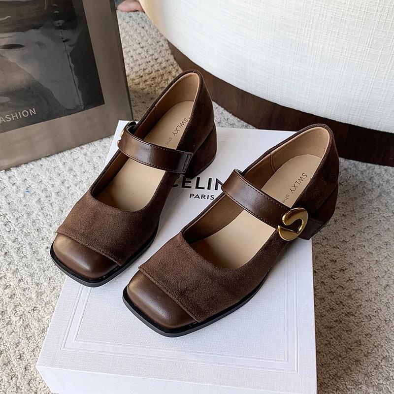 Female Green Velvet New Square Toe College Style Casual Pumps Fashion Shallow Buckle Shoes High Heel Shoes