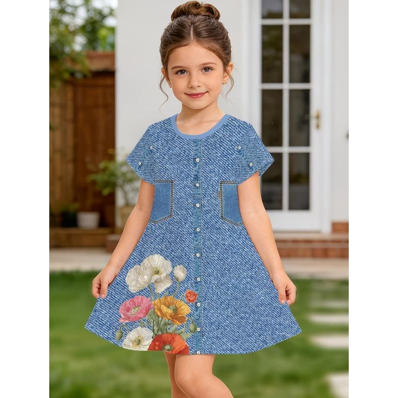 Dress for Girls Fashion Cowboy Print Fake Two-Piece Set Short Sleeve Summer Dresses Casual Round Neck A-Line Dress Girl Clothes