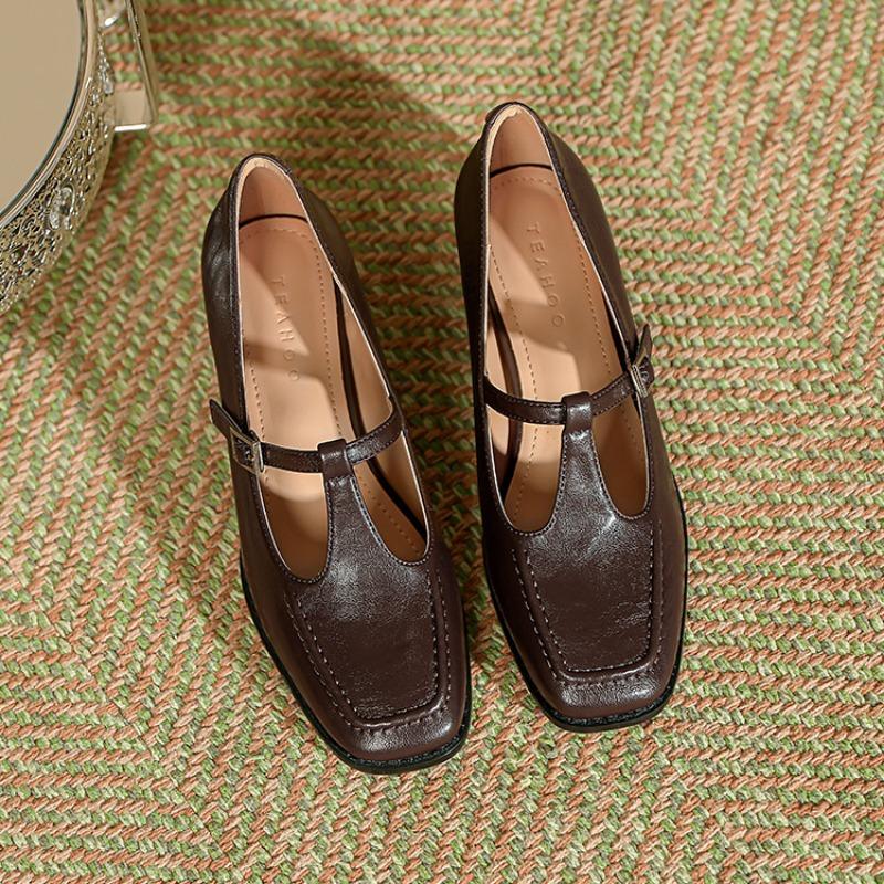 Retro Firkantet Tykk Hæl Mary Jane Sko Elegante Damesko En-stropp Pendlersko Mykt Skinn T-formet Lavskårede Enkelsko