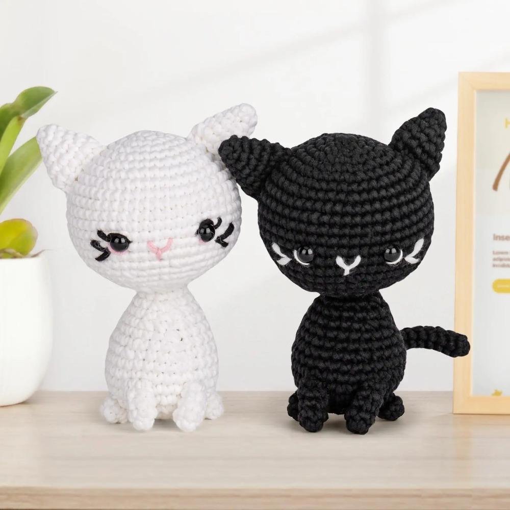 Black White Cat Amigurumi Halloween and Christmas Gifts, DIY Crochet Cats Kit, Crochet Kit Cat Forbeginners, Crochet Kit Cat