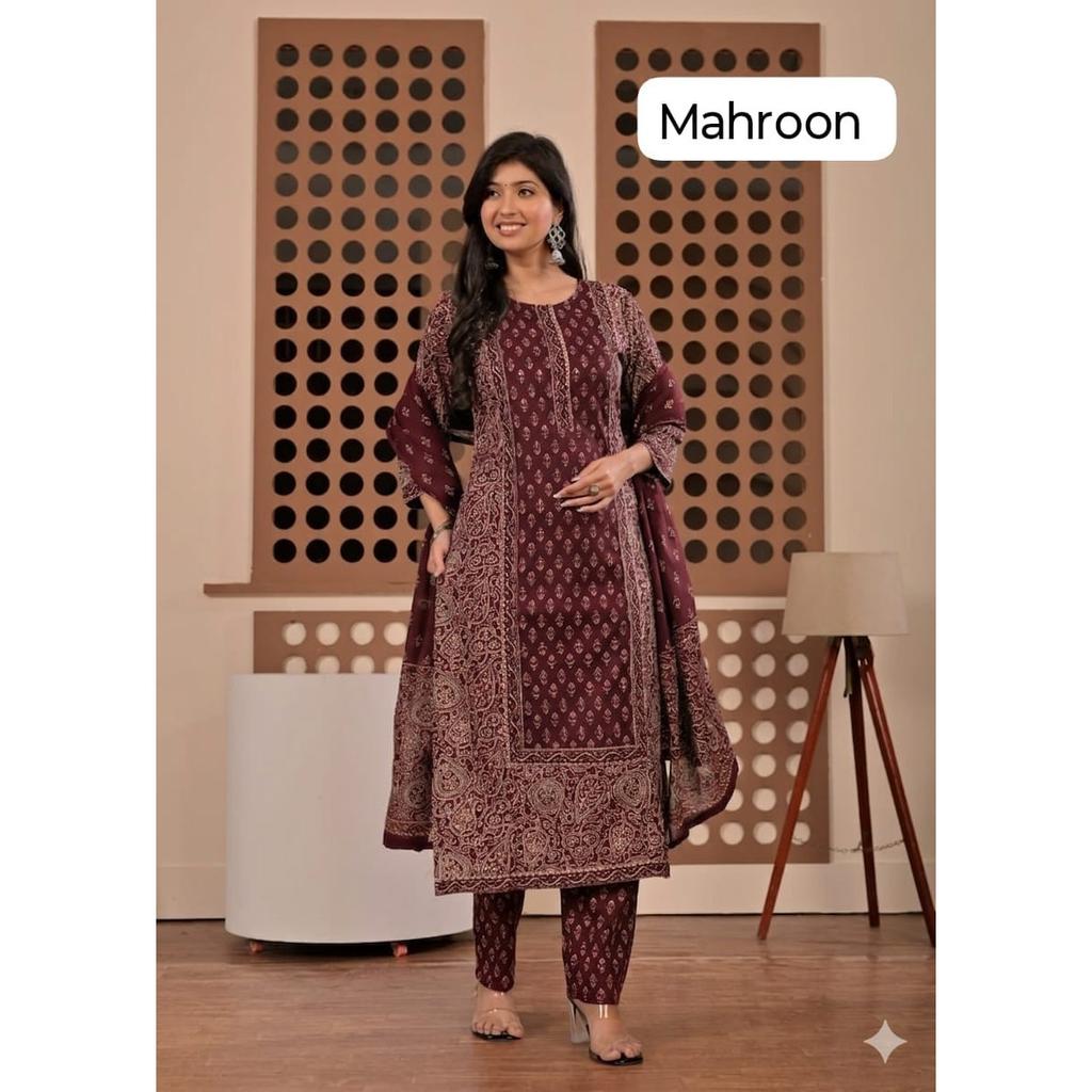Heavy Cotton Women's Kurti Pant Dupatta Set Indian Designer Top Tunic Kurta Set