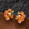 Gentle temperament small fragrance enamel drip glaze three-dimensional flower pearl stud earrings niche personality design earrings