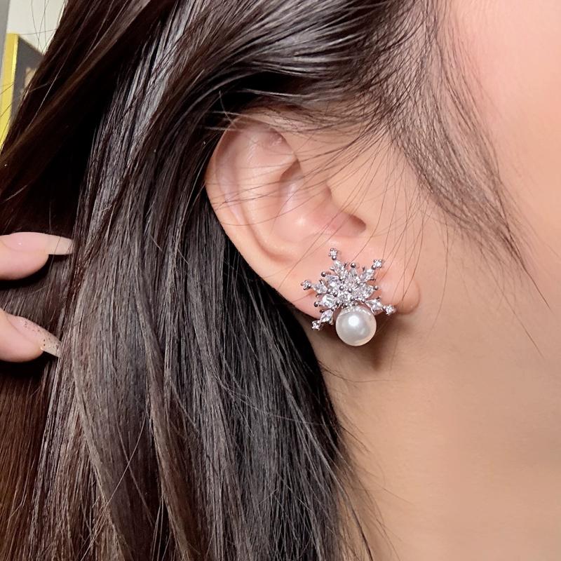 Cercei Stud Fulg de Nea din Argint Sterling cu Zirconiu Cubic de Lux pentru Femei Nuntă Modă Perle Imitate Cadou de Mireasă