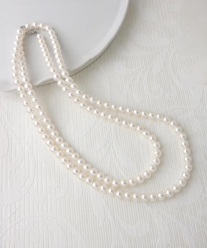 VINGTAINE Pearl Long Necklace, 8mm, Double Strand, Elegant, Simple, Casual, Adult, Ceremony, GraduationEntrance Ceremony, After-Party, Party, C3382-