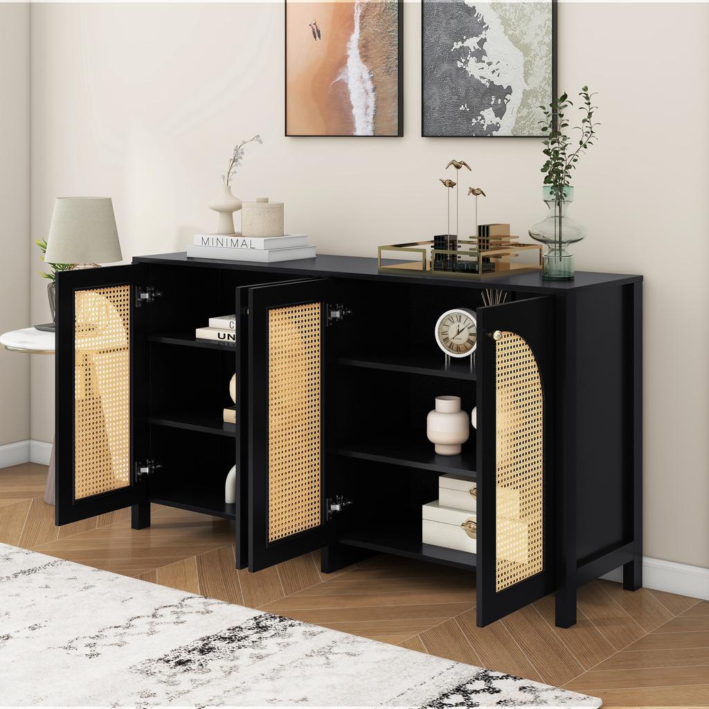 Modern Sideboard In Minimalist Style 4-rattan Door, Metal Handle Simple Buffet Cabinet for Dining Room, Living Room, Kitchen (black)