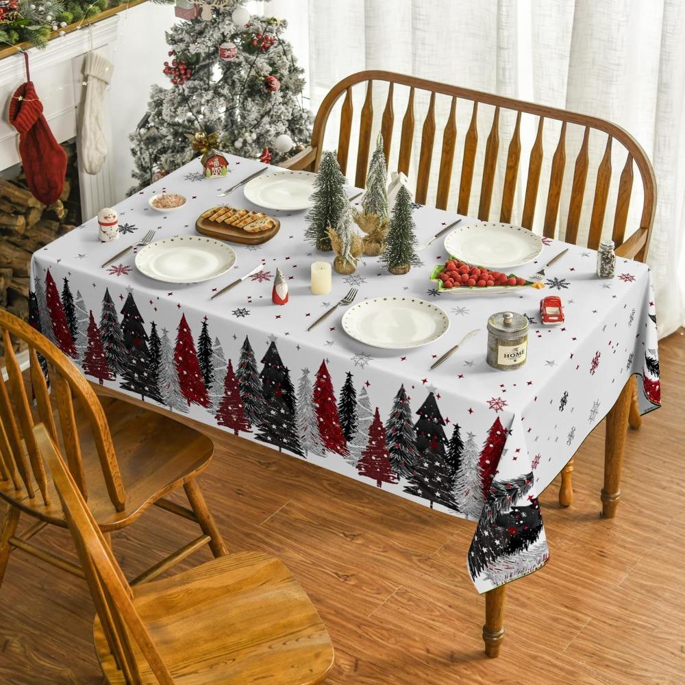 Christmas Polyester Tablecloth Snowman Print Lightweight Stain Resistant Dining Decor Long Table Cover