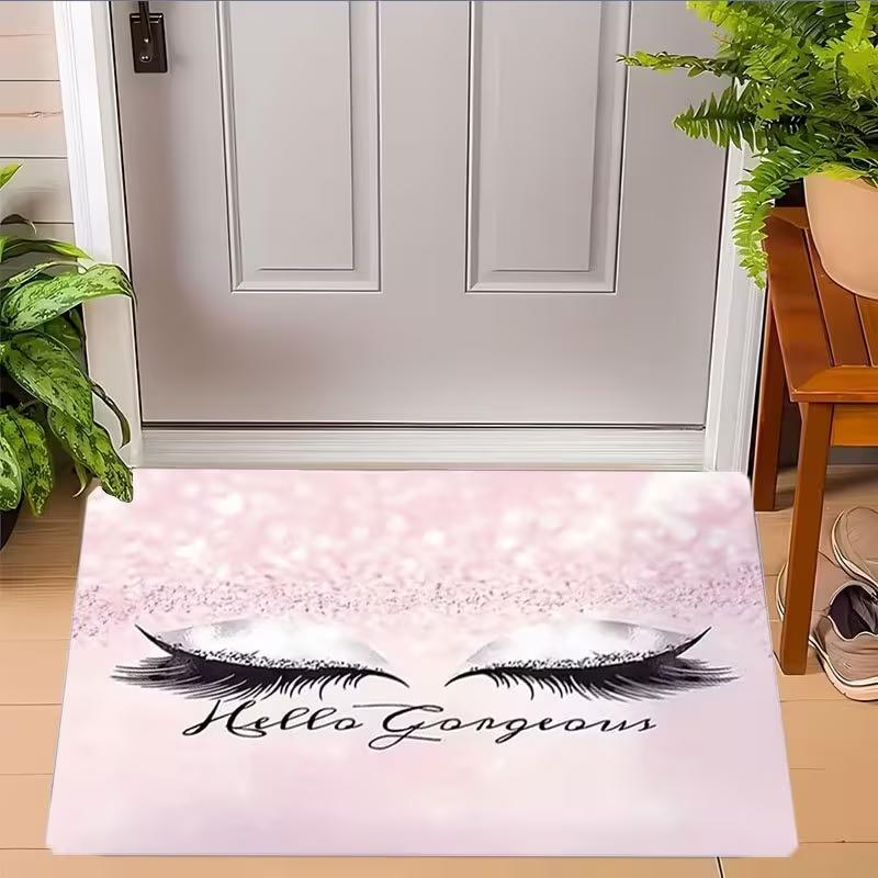Eye Makeup Doormat Hello Gorgeous Letter Print Cosmetic Entrance Rug Soft Non-Slip Decor Carpet for Vanity Sink Makeup Studio