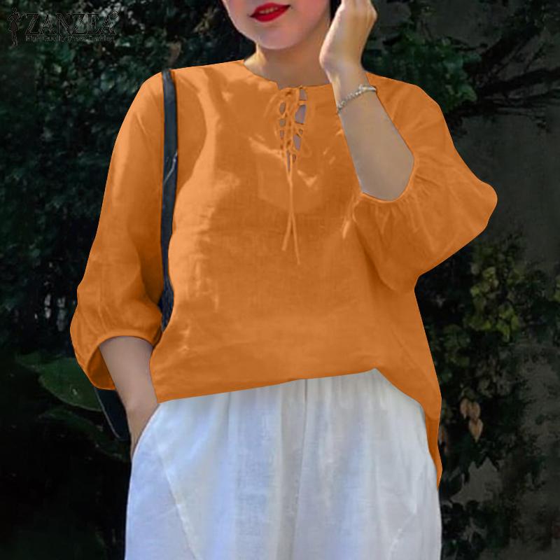 ZANZEA Damska sznurowana bluzka z dekoltem w serek, casualowa, z rękawem 3/4, luźna