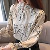 Camicetta in chiffon con stampa a maniche lunghe e colletto alla coreana, alla moda, da donna