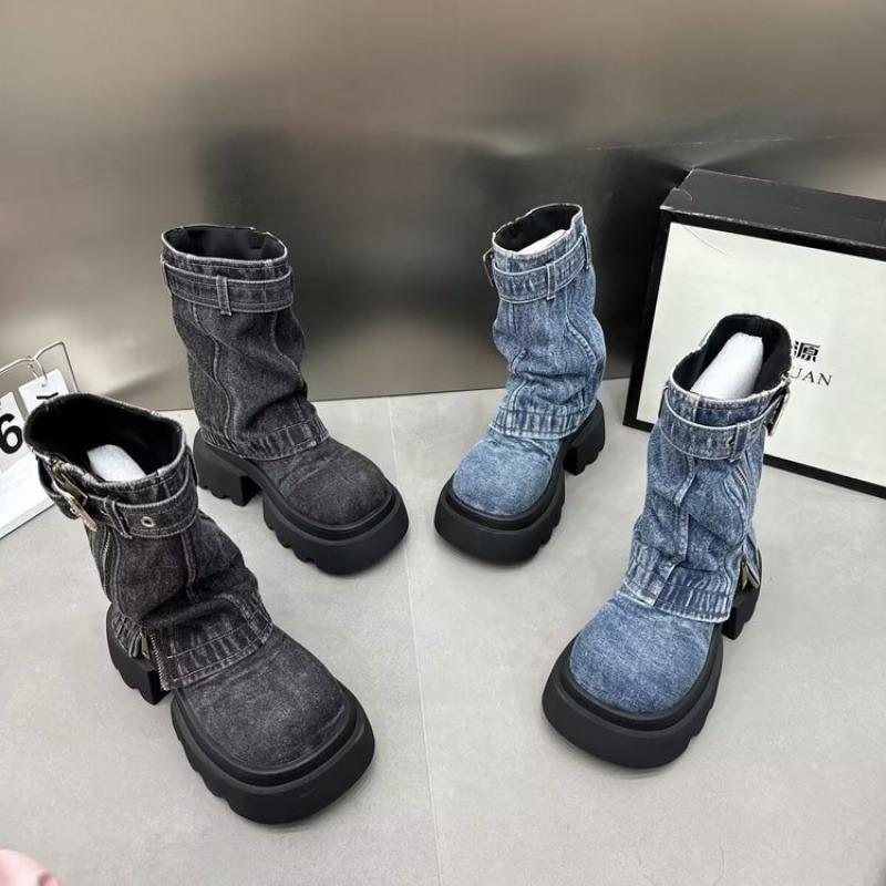 Thick Bottom Mid-calf Martin Boots Women's Fall 2025 New Niche Personalized Fried Fabric Boots Female