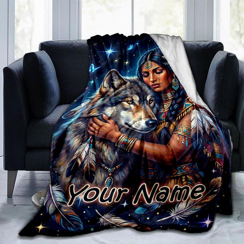 1PC Custom Name Wolf Spirit Connection Flannel Blanket Versatile,all-season Throw Suitable for the Living Room,bedroom,camping,travel,and Gift