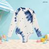 Girls High Neck Long Sleeve Front Zip Blue White Printed One Piece Swimsuit