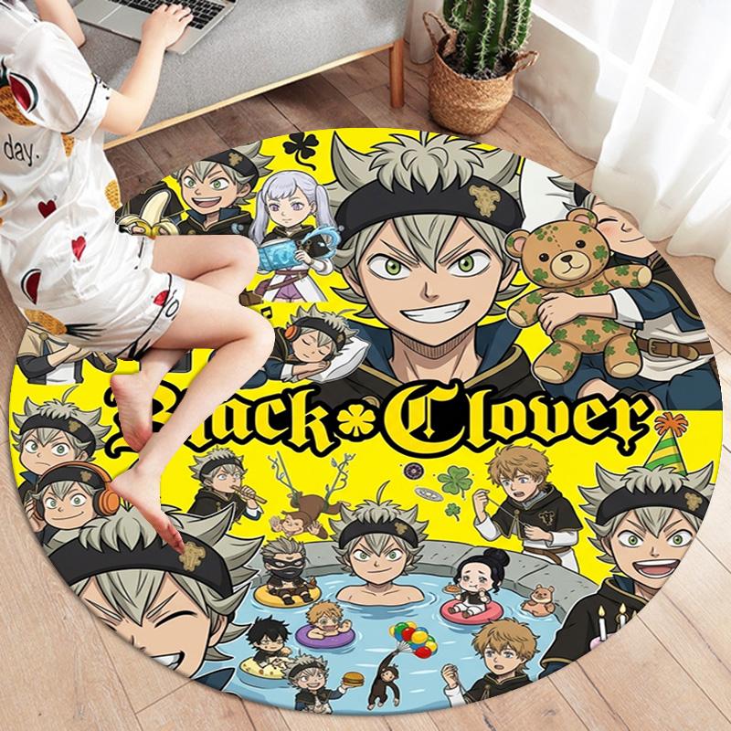 Black Clover Round Area Rug Carpet Rug For Living Room Bedroom Sofa Playroom Decor Nonslip Floor Mat
