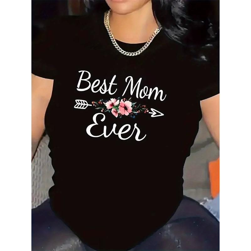 T-shirt Gráfica Feminina Tamanho Europeu "Melhor Mãe de Sempre" | T-shirt Leve e Macia com Detalhe Floral, Design Preto e Branco, Gola Redonda, Corte Regular