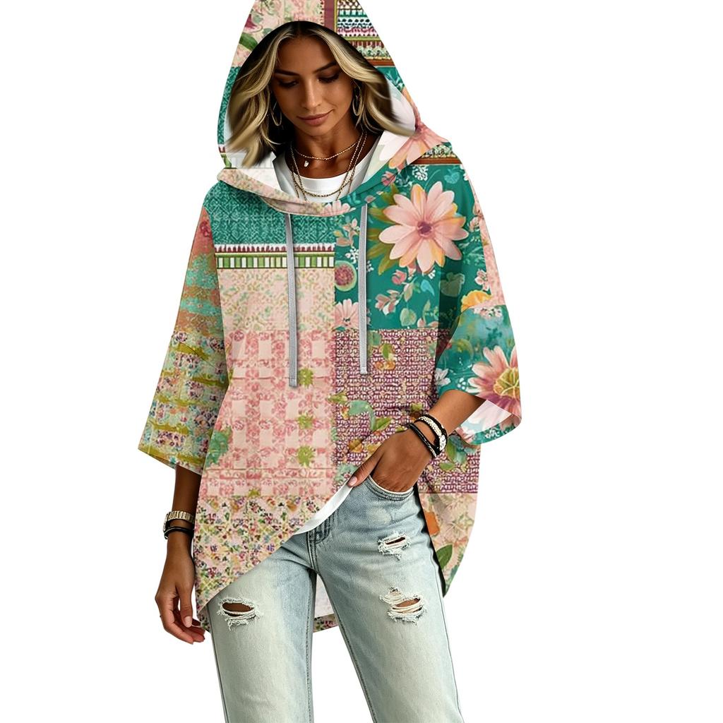 Women's Fashion Hooded Pullover Top with Three-Quarter Sleeves and Patchwork Print