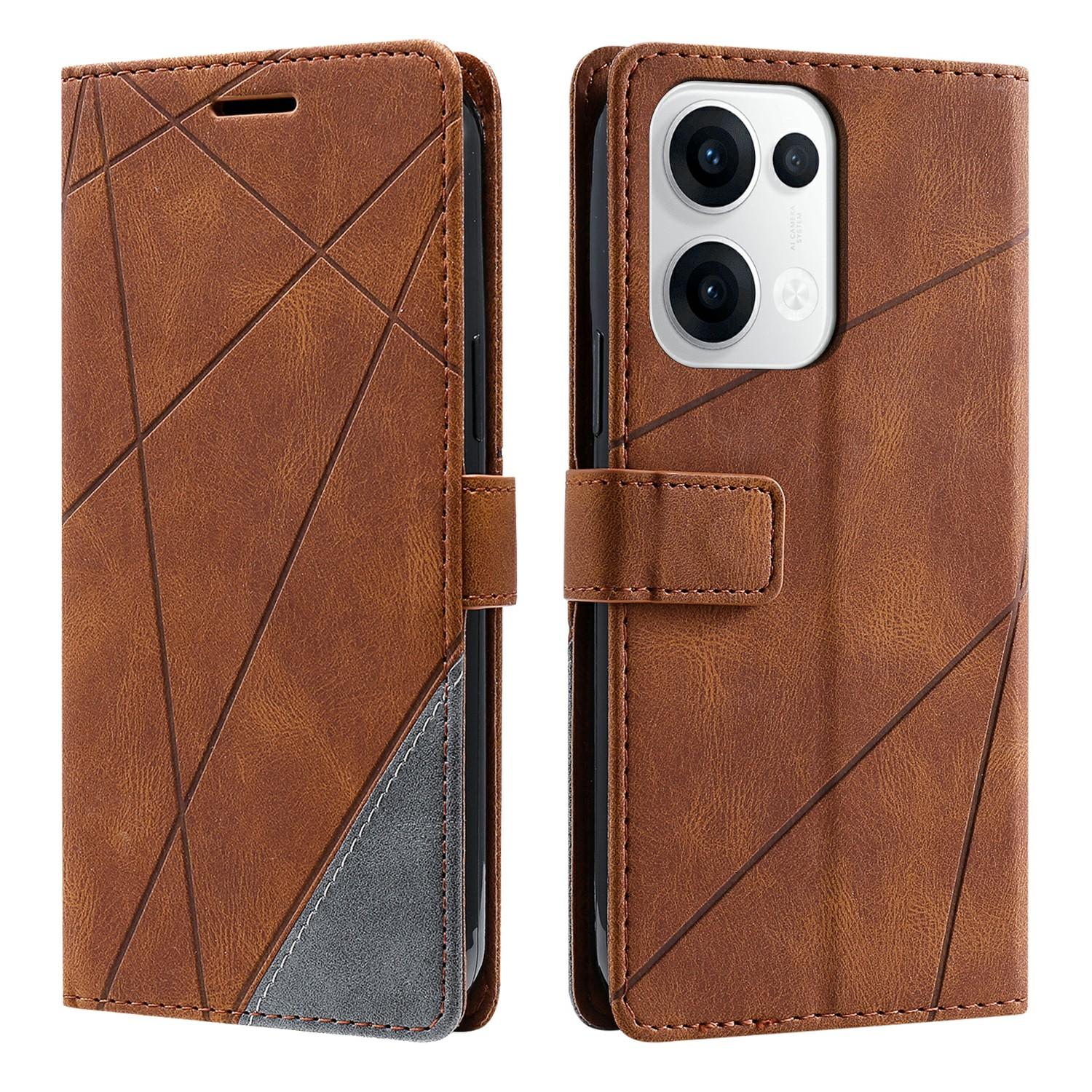 

For Oppo Reno13 5G (Global) Case Imprinted Lines PU Leather Splicing Wallet Phone Cover Brown