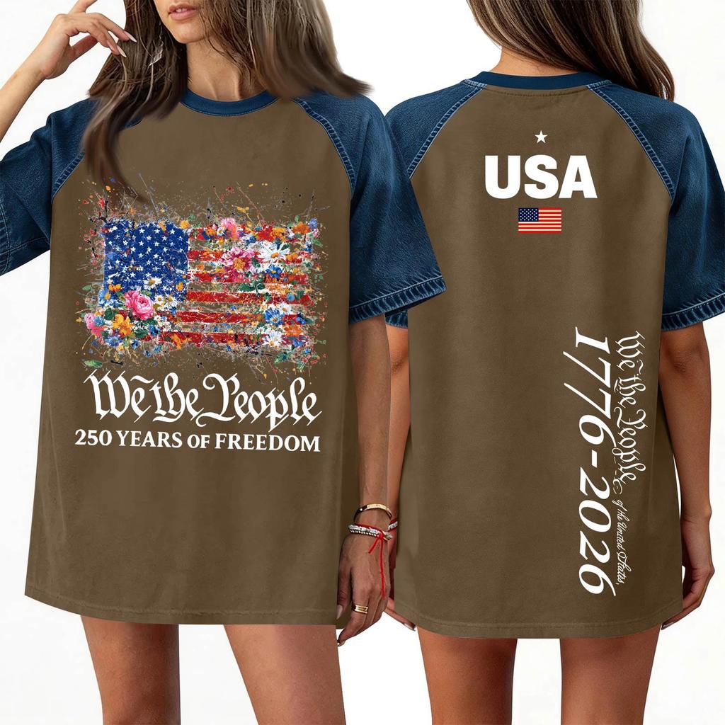 Women's Denim Patchwork Top,  Casual Short-sleeved Comfortable T-shirt,  Fashionable For Spring And Summer.