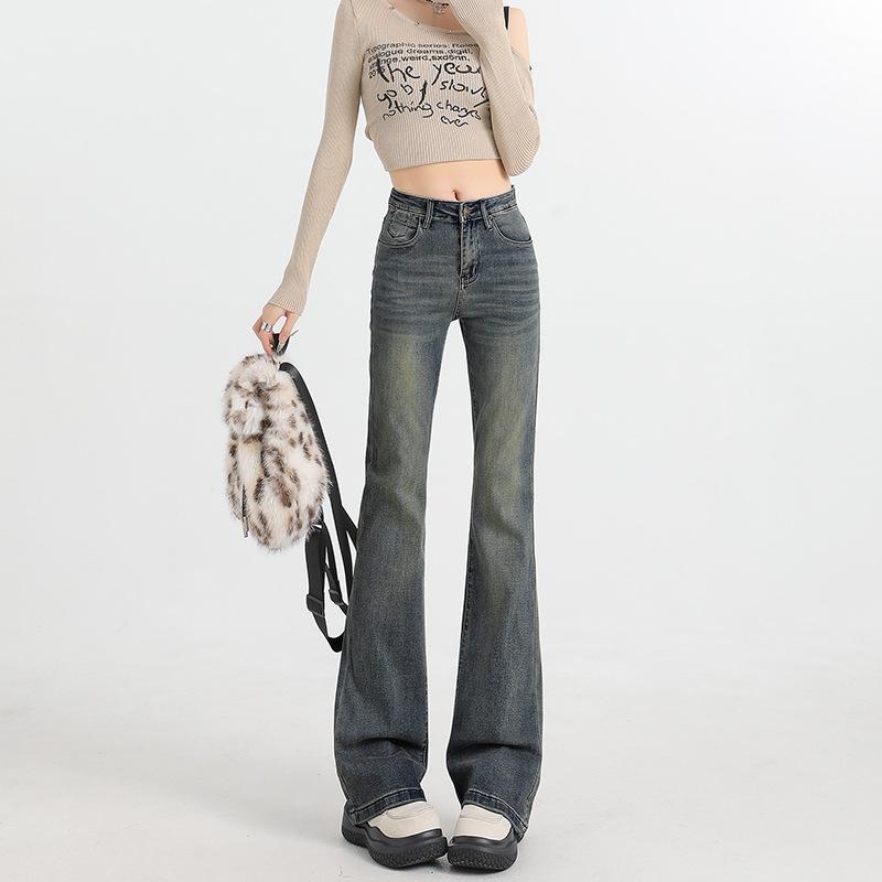 American retro micro-pull jeans women's new Spice Girl elastic small high-waisted flared pants