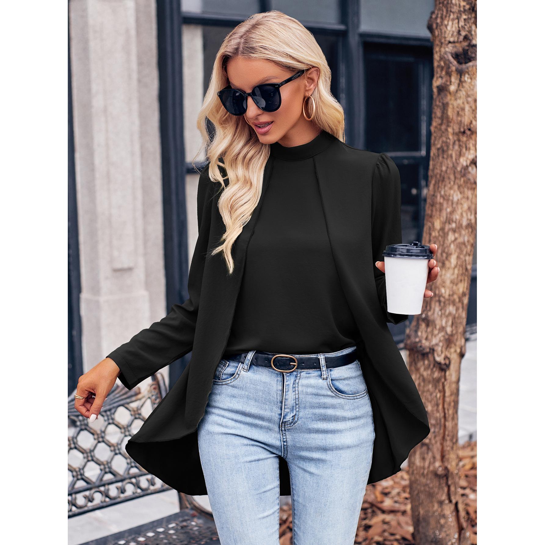 Повседневная женская модная однотонная рубашка с высоким воротником и длинными рукавами — фото 5