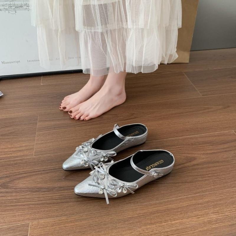 Women's Butterfly Knot Head Cover Half Slippers Crystal Embellished Flat Shoes Outdoor Wear Spring Summer Silver Color