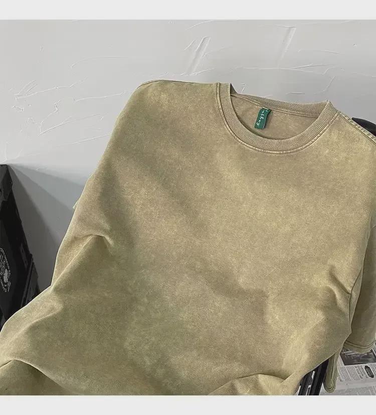 T-shirt pour homme en coton lourd délavé et vieilli, ample style Hong Kong, manches courtes cinq points, marque tendance d'été.