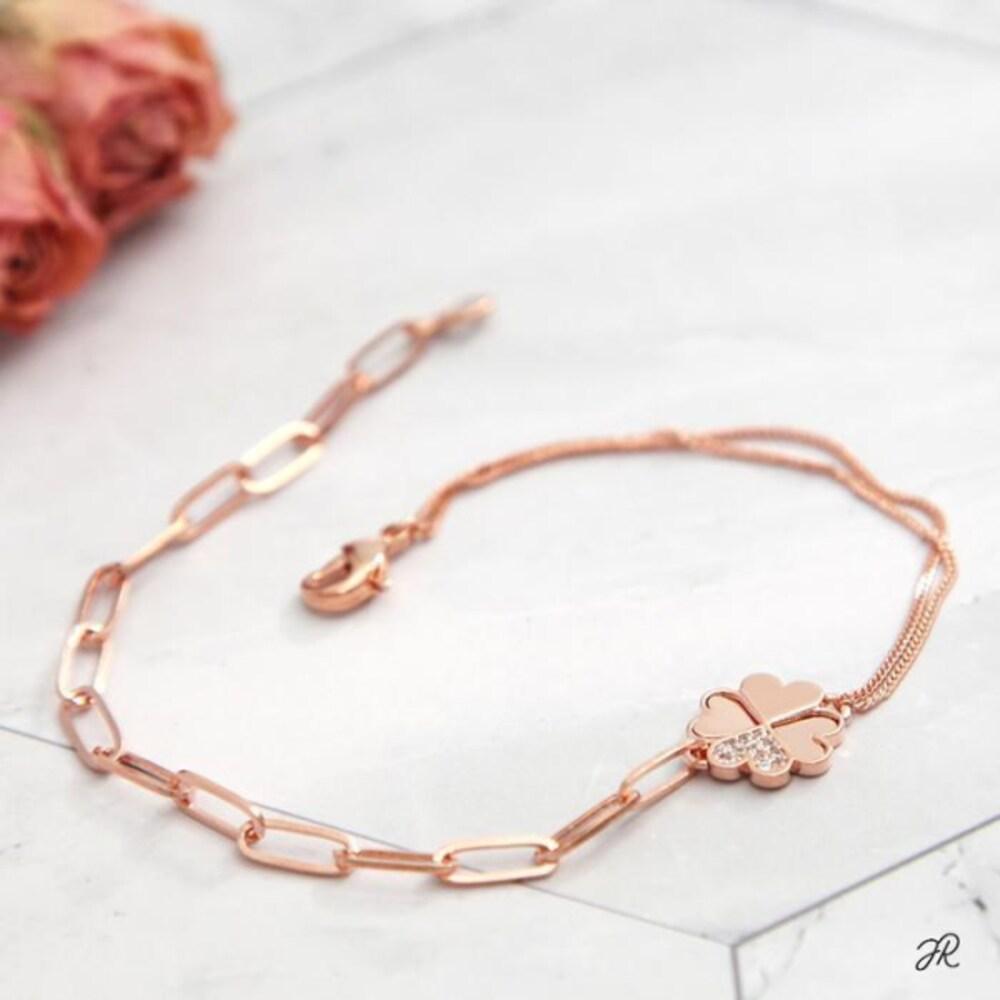 Machance 14Kgp Rose Gold Cubic Clover Double Chain Fashion Bracelet (10920216)