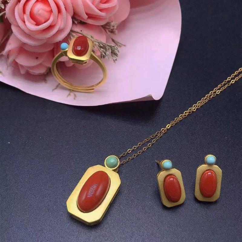 Wykwintne Artystyczne Kwadratowe Pierścionki z Południowego Czerwonego Turmalinu Dla Kobiet z Inkrustacją Turkusową Prosty Urokliwy Regulowany Zestaw Biżuterii