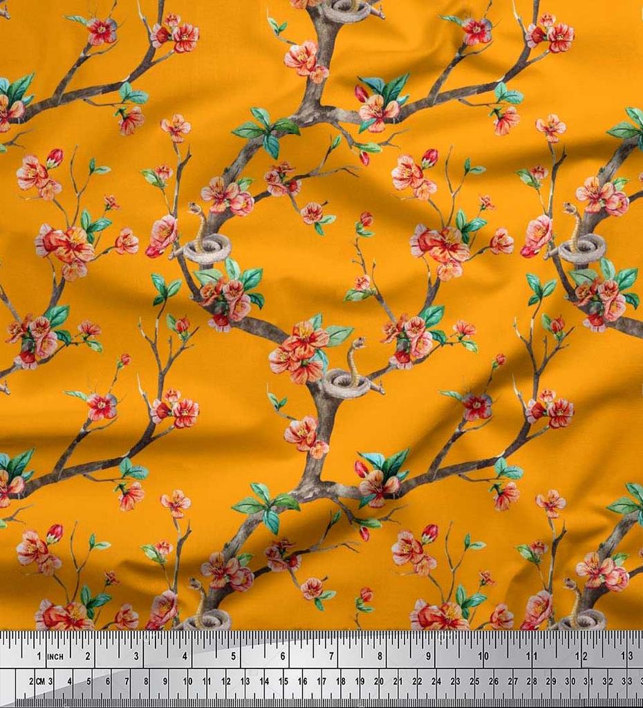 Soimoi Japonská krepová saténová látka Had, listy a květy, květinový potisk v metrech 42 palců