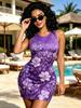 Lavender Floral Print Sleeveless Bodycon Mini Dress, Round Neck Slim Fit Casual Summer Dress for Beach Vacation
