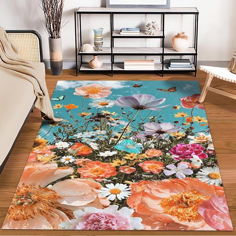 Bunter Blumendekor-Teppich mit Schmetterlingen Himmeldesign Teppich Geeignet für die Verwendung als Antirutsch für Wohnzimmer Schlafzimmer Sofas