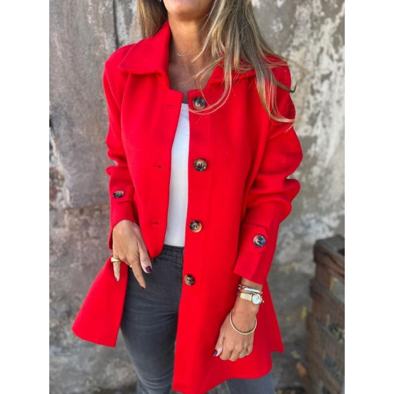 2025 autumn and winter new women's clothing solid color lapel with pocket cardigan single-breasted medium and long coat