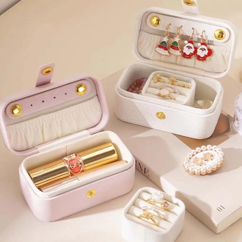Square PU Leather Solid Pink Color Jewelry Boxes for Women Ring Necklace Earrings Storage Daity Travel Portable Cases