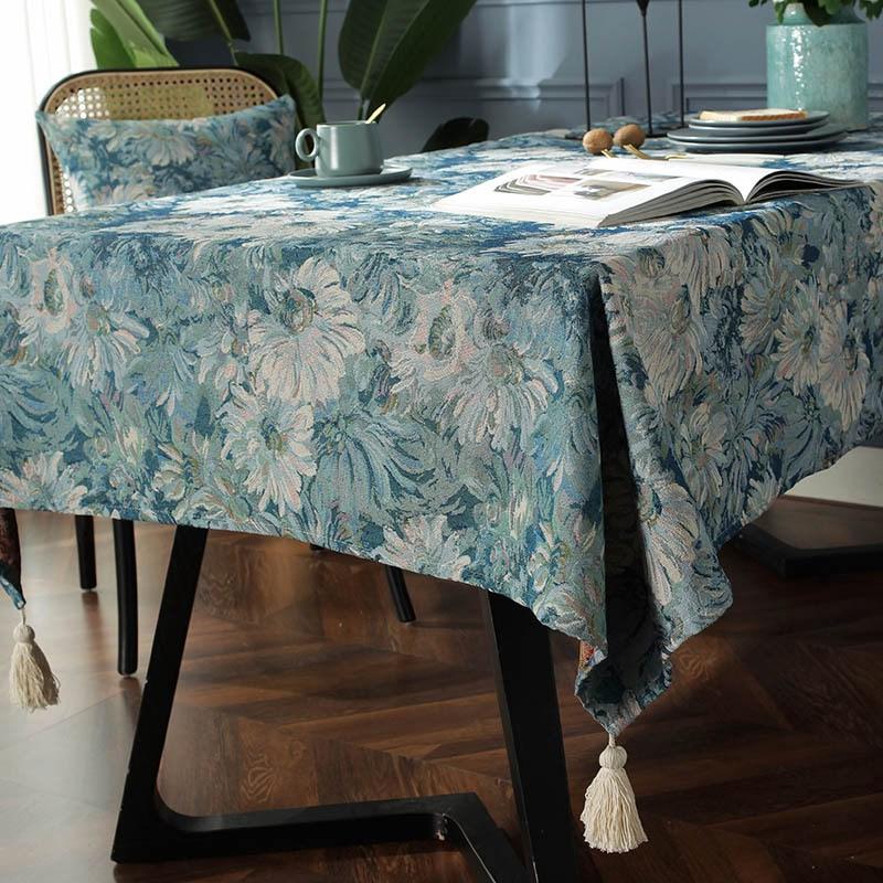 Oil Painting Art Pastoral Home Cotton Linen Background Cloth Tassel Coffee Table Bedside Table Cover Cloth Decor Tablecloth