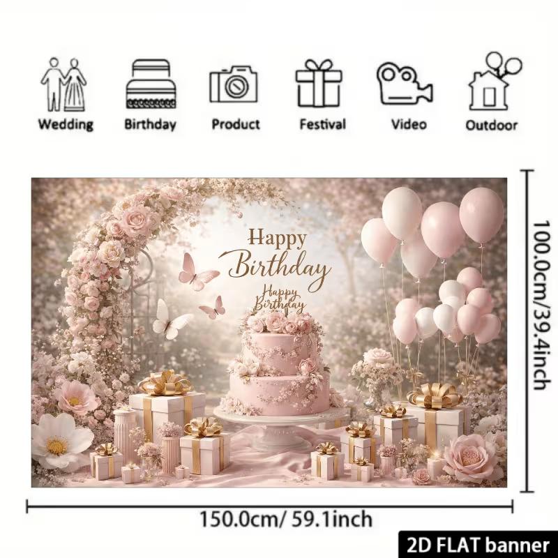 

2D Elegant Pink Gold Happy Birthday Backdrop Banner Party Decoration for Girls 47.2x31.5inch/120*80cm
